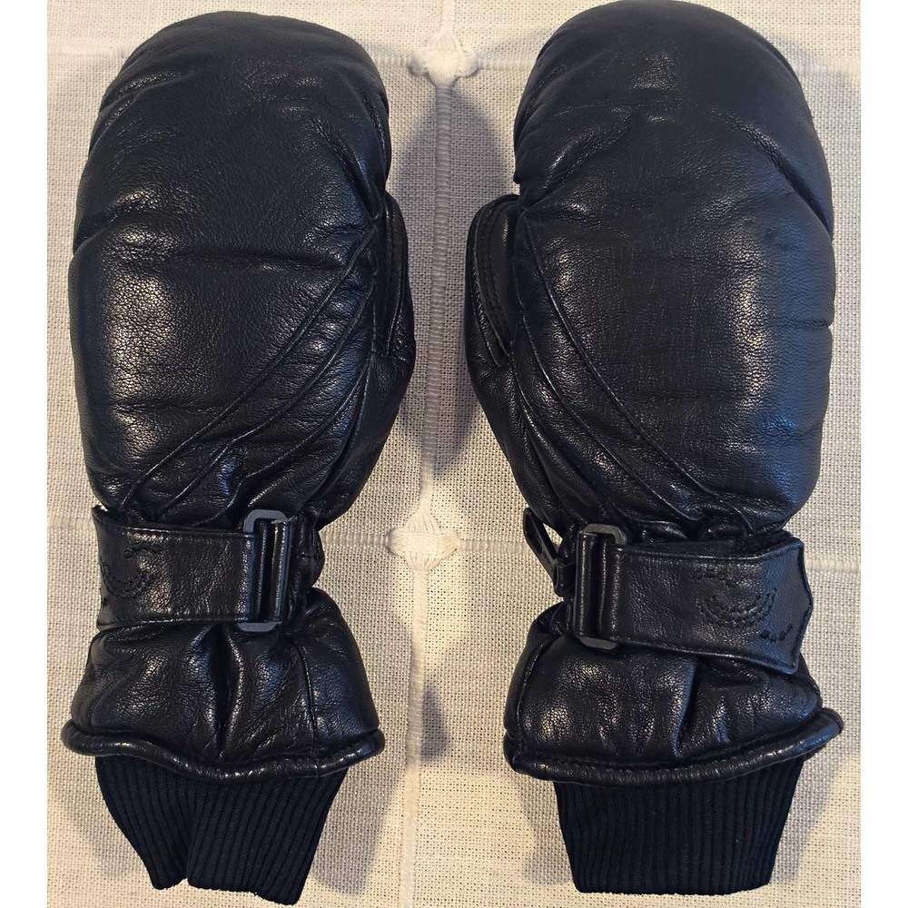 Kombi Black Leather Insulated Ski/Snowboard Mittens Knit Cuff M Strap Zip